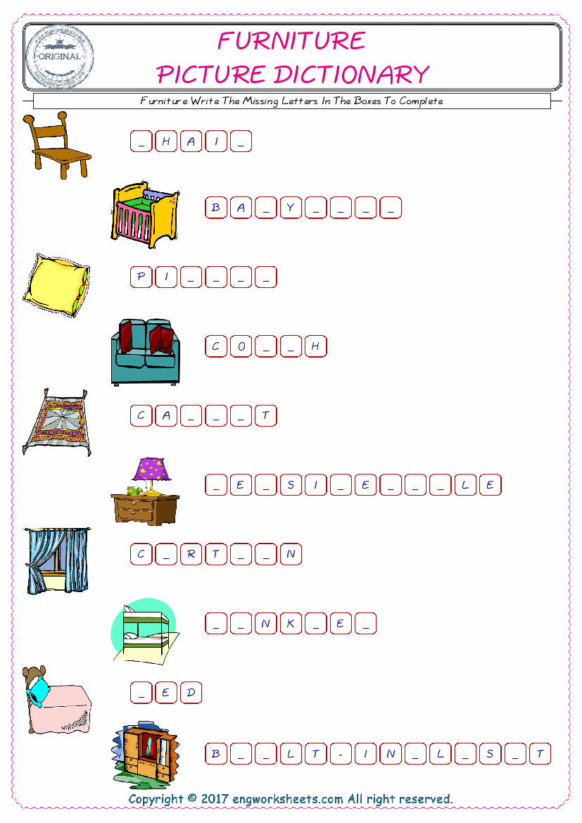  Type in the blank and learn the missing letters in the Furniture words given for kids English worksheet. 